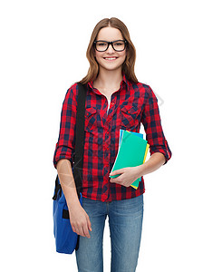 教育人的微笑的女学生戴眼镜,带笔记本电脑袋笔记本图片