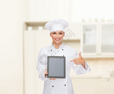烹饪,技术食品微笑的女厨师,厨师包师与平板电脑电脑空白屏幕图片