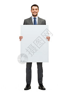 商业,教育,办公室广告微笑的商人与大白板背景图片
