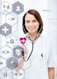 医疗保健,医疗未来技术女医生听诊器虚拟屏幕图片