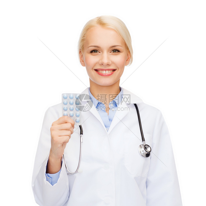 医疗保健,医学药学微笑的女医生药丸听诊器图片