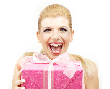 幸运的金发女郎,白色的大粉色礼品盒图片
