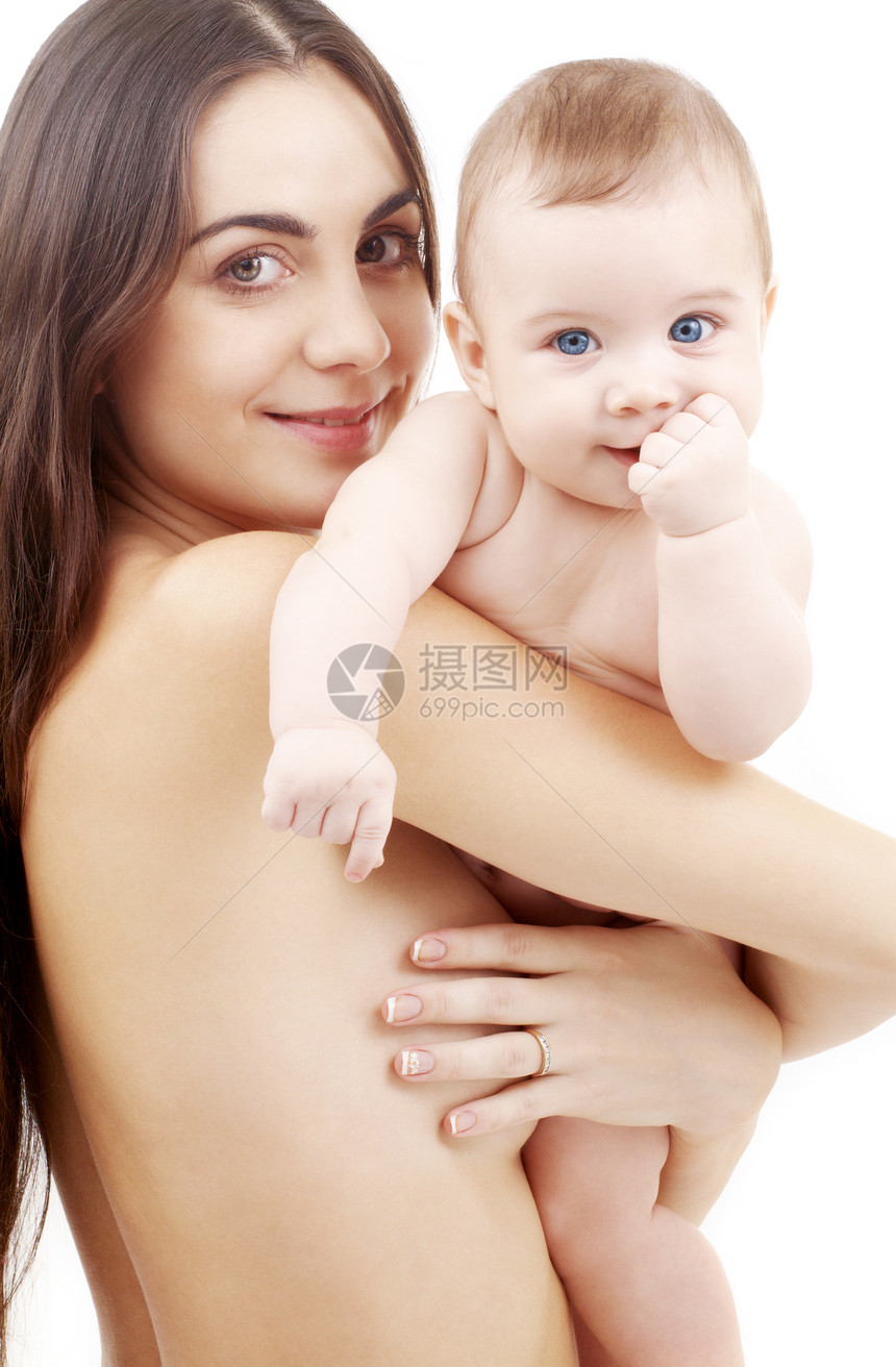 幸福的母亲婴儿的照片超过白色图片