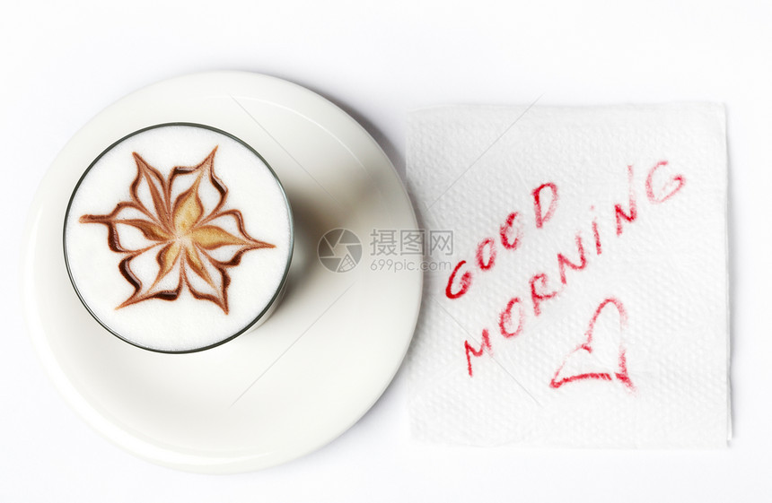 咖啡师铁咖啡杯,带早上好的纸巾图片