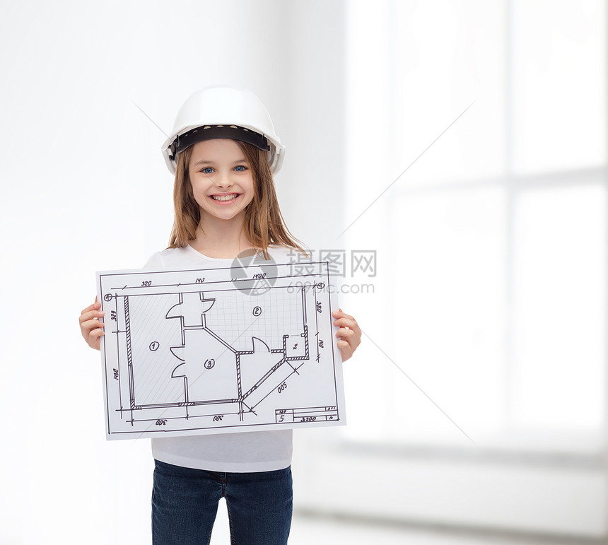 建筑,发展,建筑建筑微笑的小女孩戴着白色头盔蓝图图片