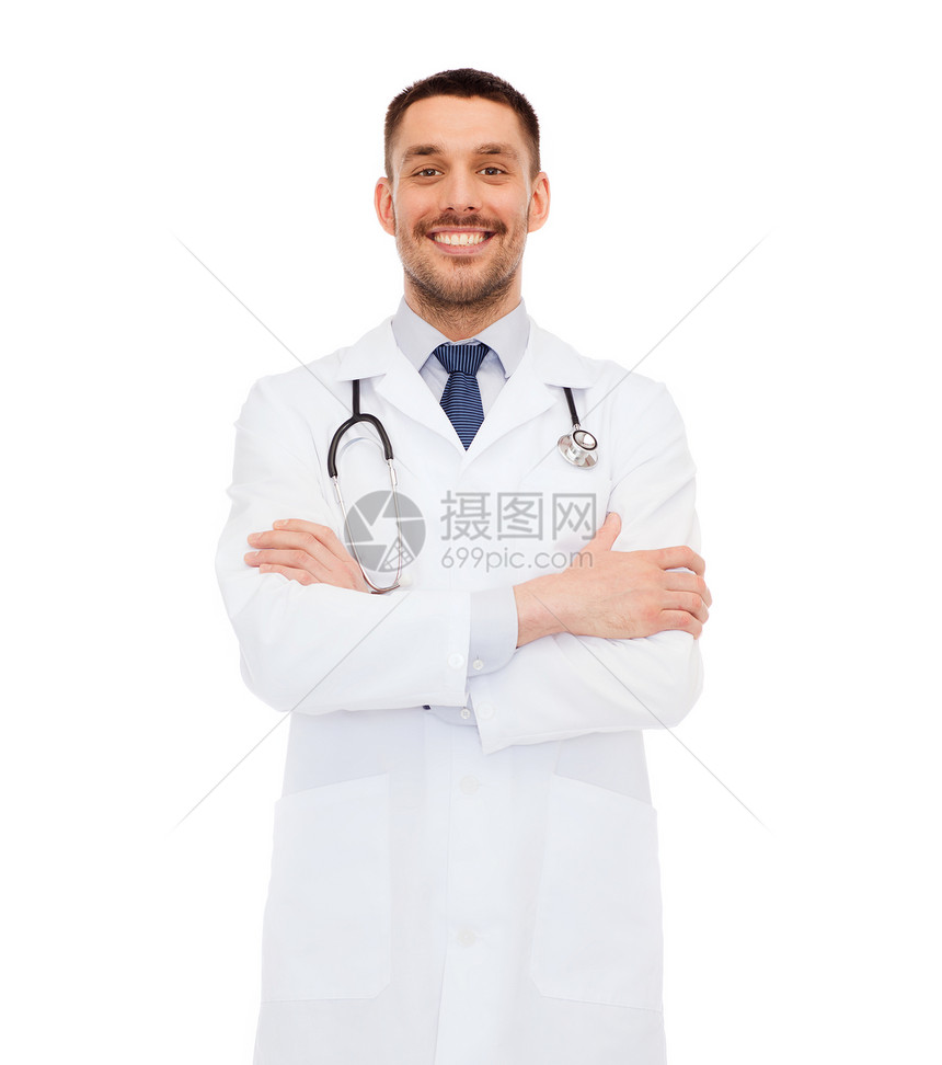 医疗保健,职业医学微笑的男医生,带听诊器,白色外套,白色背景图片