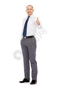 商业,手势办公室微笑的商人展示大拇指站立全长图片
