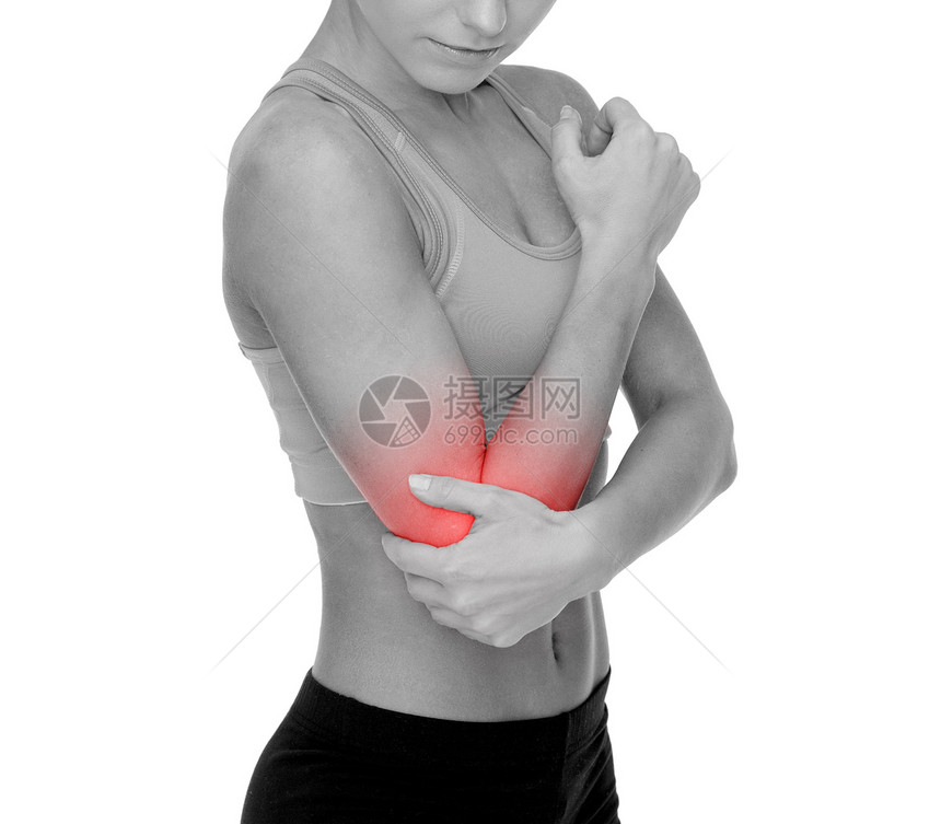 医疗保健,健身医药运动的女人肘部疼痛图片