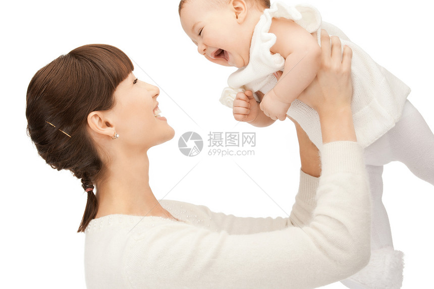 家庭,孩子父母的快乐的母亲与微笑的婴儿图片