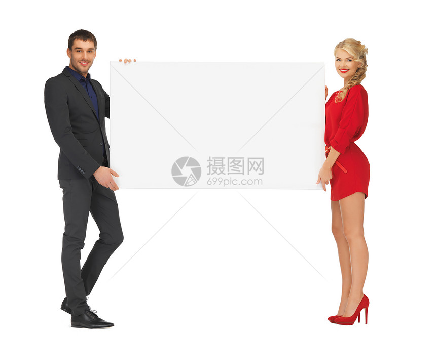 广告时尚微笑的夫妇持大空白白板图片