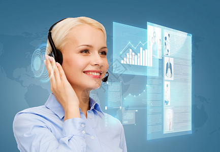 商业,技术呼叫中心友好的女帮助热线运营商与耳机背景图片