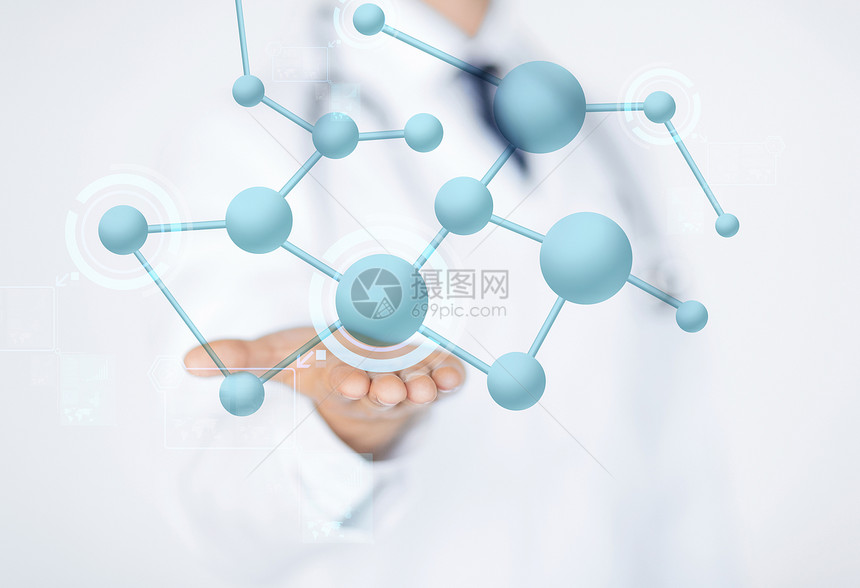保健,生物学,人医学密切男医生的手与分子投影图片