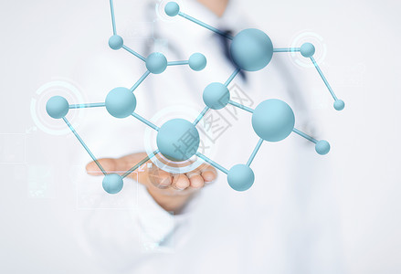 保健,生物学,人医学密切男医生的手与分子投影图片