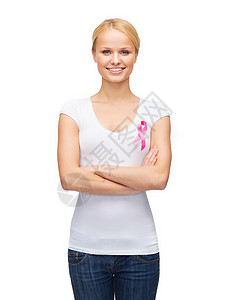医疗医学微笑的女人空白T恤与粉红色乳腺癌意识丝带高清图片