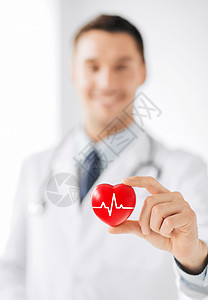 保健医学男医生持红色心脏与心电图线图片