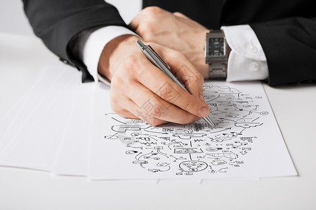 银行素描素材商业,营销,规划人的用白纸上的笔画方案来拉近男的手背景