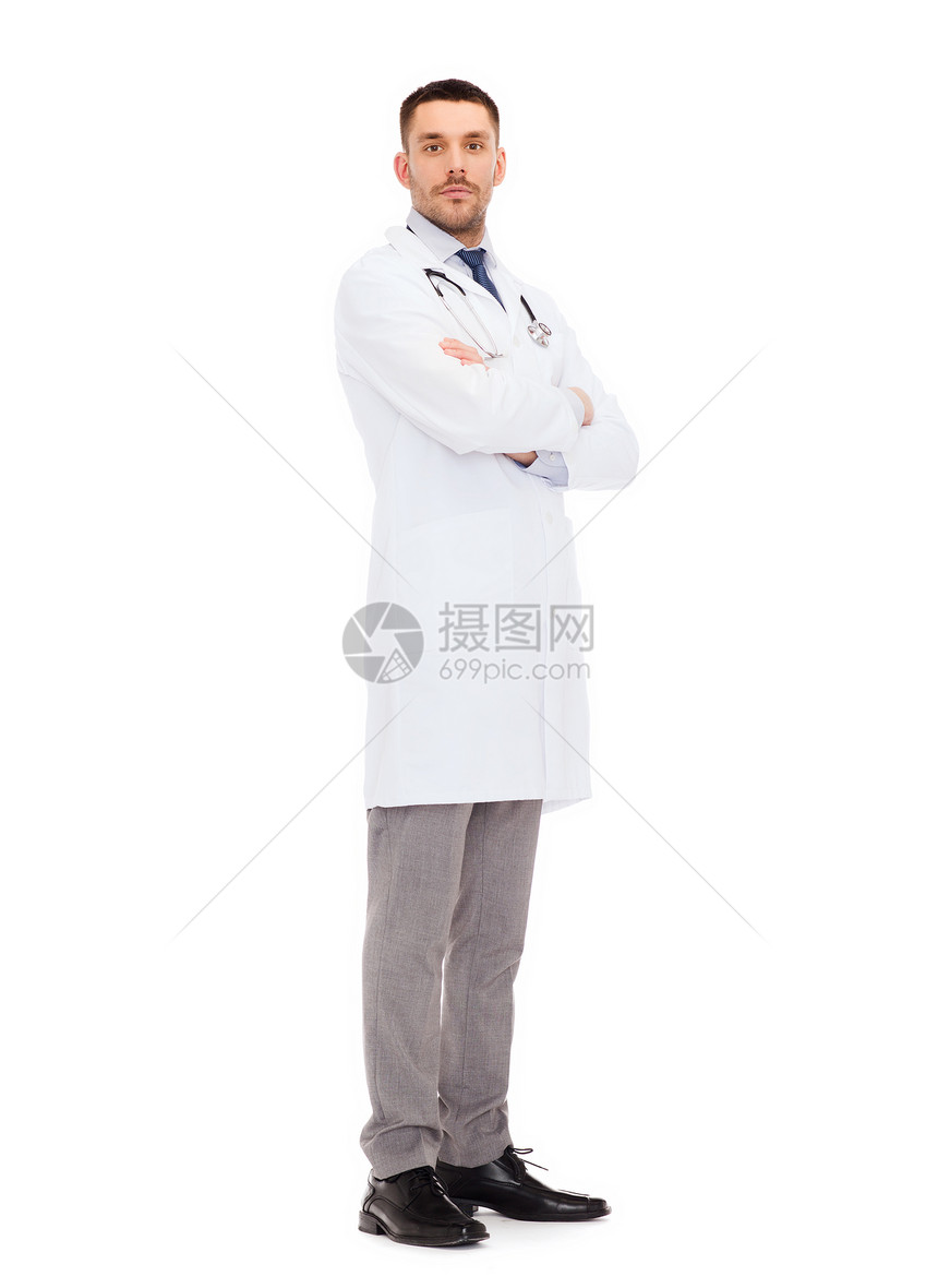 医疗保健职业医学男医生,带听诊器,白色外套,白色背景图片