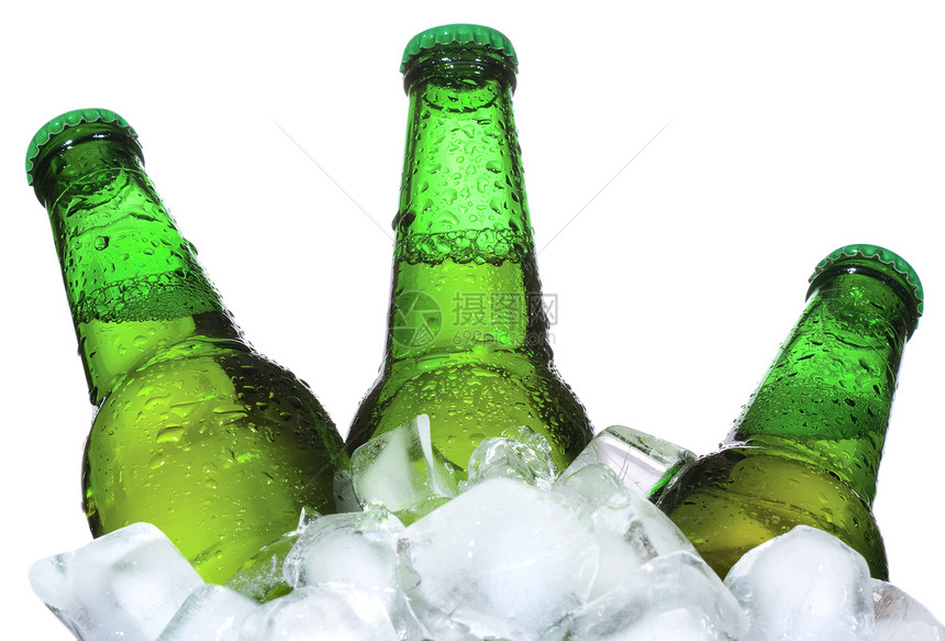 啤酒瓶白色背景上的冰中图片