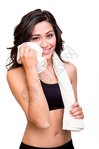 健身妇女用毛巾擦汗图片