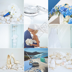 白色蓝色婚礼细节的拼贴图片