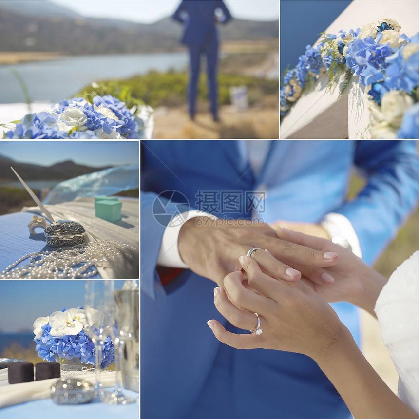 白色蓝色婚礼细节的拼贴图片