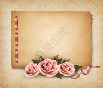 复古背景,美丽的粉红色玫瑰旧纸矢量插图图片