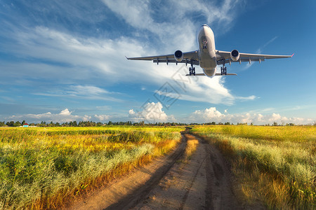 飞机路飞机五颜六色的风景与客机蓝天上飞行,云彩草地上,道路夏天的日落客机正降落商用飞机背景