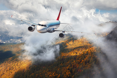 日落时,飞机云层中飞过秋天的森林风景与客机,多云的天空树木客机正降落商务旅行商业飞机背景图片