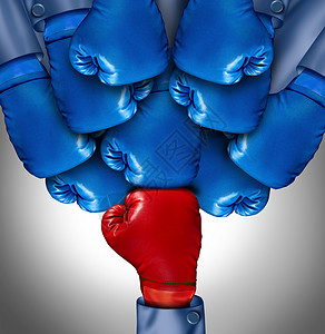 克服逆境克服挑战,群蓝色拳击手套聚集只红色手套上,艰难竞争环境的商业象征,图片