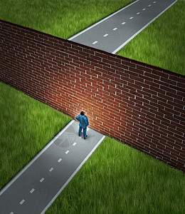 受阻商业挑战金融障碍的,个商人站个大砖墙前,阻碍了他的道路,阻碍了他的成功之旅背景