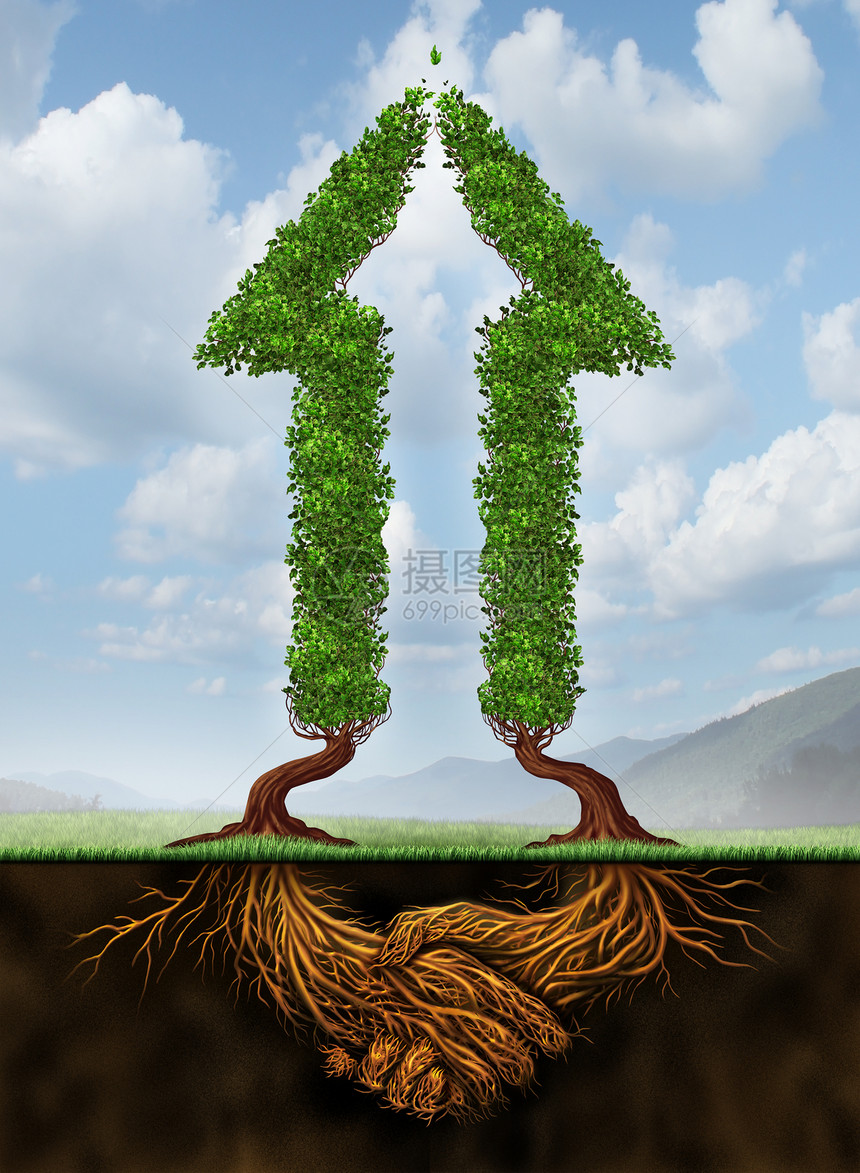 合作促进增长项商业协议合作,财务上取得成功,合作伙伴合作,两棵箭头形状的树的,根以手的形式存图片
