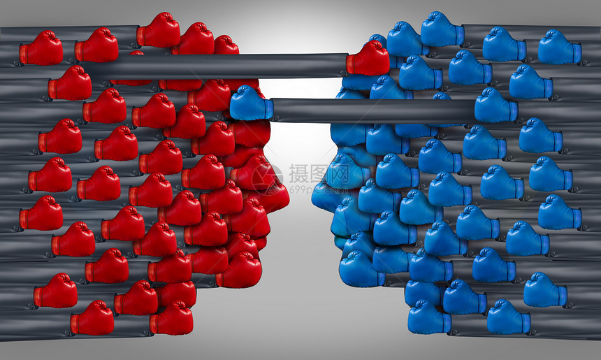 商业体竞争与商业人士戴着红色拳击手套竞争手的合作伙伴关系,以蓝色抗彼此,以获得优越经济上的成功图片