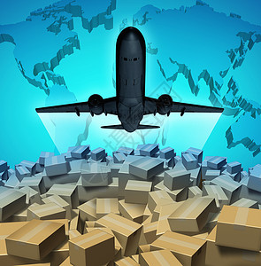 世界制造业航空货物运输,飞机飞行个三维上的邮件快递包裹上,全球海外运输的象征背景