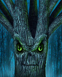 鬼树个神话般的黑暗森林个的植物,形状为恶魔精神头骨脸,万节鬼相关的,怪物虚构的生物民间传说背景图片