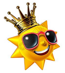 戴王冠的太阳最好的阳光假期旅游与微笑的夏日阳光人物戴着金色皇冠与太阳镜,个快乐发光的炎热季节乐趣图标放松与炎热的天气隔离白色背景