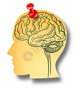 大脑提醒记忆丧失精神健康医学痴呆症阿尔茨海默病与医学图标的办公室笔记与绘图个人的头部形状钉墙上的红色拇指钉背景图片