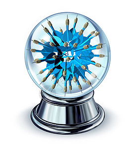 目标预测未来的商业战略预测个水晶球,蓝色飞镖向四八方,预测金融机会的图片