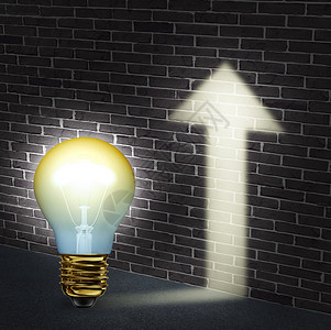 箭头发光创意方向商业与照明灯泡,向上箭头形状的发光砖墙创新创意成就的成功象征背景