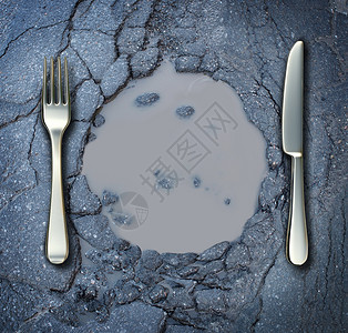 贫穷饥饿的,用叉子刀子条破碎的沥青路上,形状为个餐盘,这个社会问题,粮食短缺,困难由经济困境自然灾害造成的背景图片