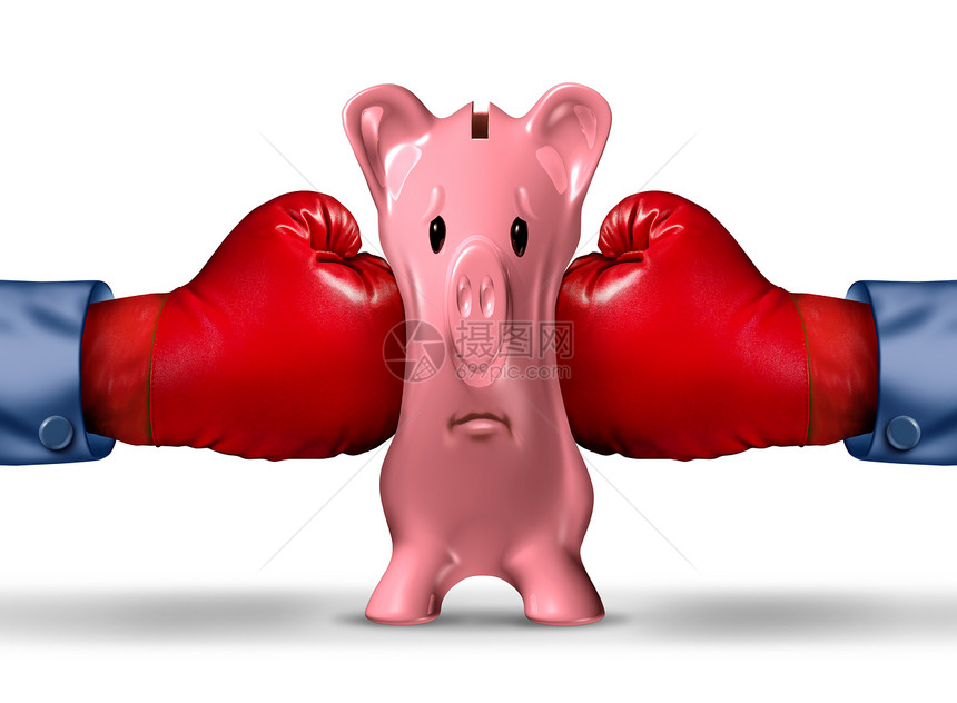 金融货币压力货币紧缩的商业与两个红色拳击手套,挤粉红色的储蓄罐金融危机的压力下,储蓄预算问题的象征图片