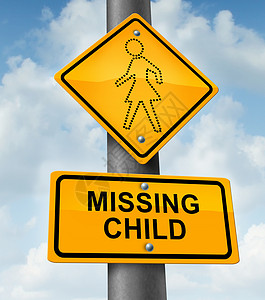儿童失踪的与黄色学校交叉交通警告标志与个小女孩的虚线,儿童失童的象征,因为失败的收养绝望中,由于绑架图片