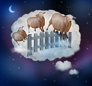 把绵羊的看作失眠睡眠足的象征,这因为群农场动物梦中跳过篱笆,梦中泡泡中入睡,这困倦的孩子疲惫的成人睡觉的背景图片
