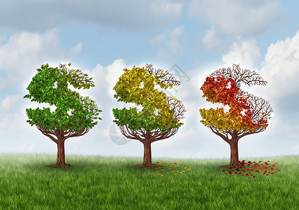 三轩茶屋站投资损失金融压力的商业,三棵树被塑造成个美元货币的象征,逐渐失叶子,秋季的绿色红色,老龄化储蓄危机的想设计图片