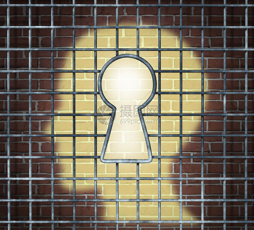 创造的自由钥匙,人头灯砖墙上发光,穿过个监狱笼子,钥匙孔的形状,种商业心理健康的,寻找创新的解决方案,以获得成图片