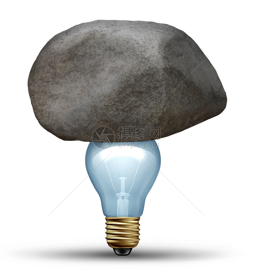 强烈的想法种创造的力量象征,决心与个大岩石巨石坐璃灯泡顶部,代表强大的创新想法商业解决方案,克服挑战逆境图片