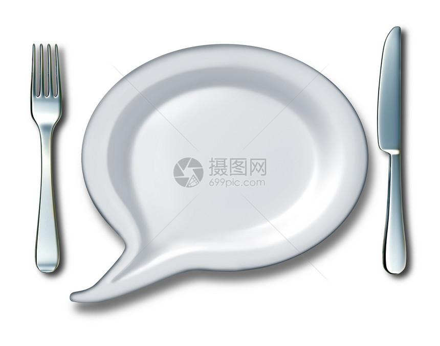 食物谈话与个词泡沫谈话speach信息与个白色空白陶瓷厨房板形状为漫画书交流图标与叉子刀桌饮食营养思想的象图片