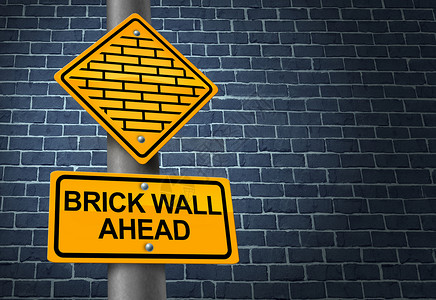 重点标志反砖墙的商业,困难困难的限制临的旅程,重点成功的黄色交通标志,警告未来的挑战障碍,将阻碍计划的战略背景