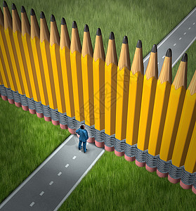 计划逆境战略障碍个商业,并比喻挑战遵循目标驱动的道路,个商人创新道路上被堵巨大的铅笔墙挡住背景图片