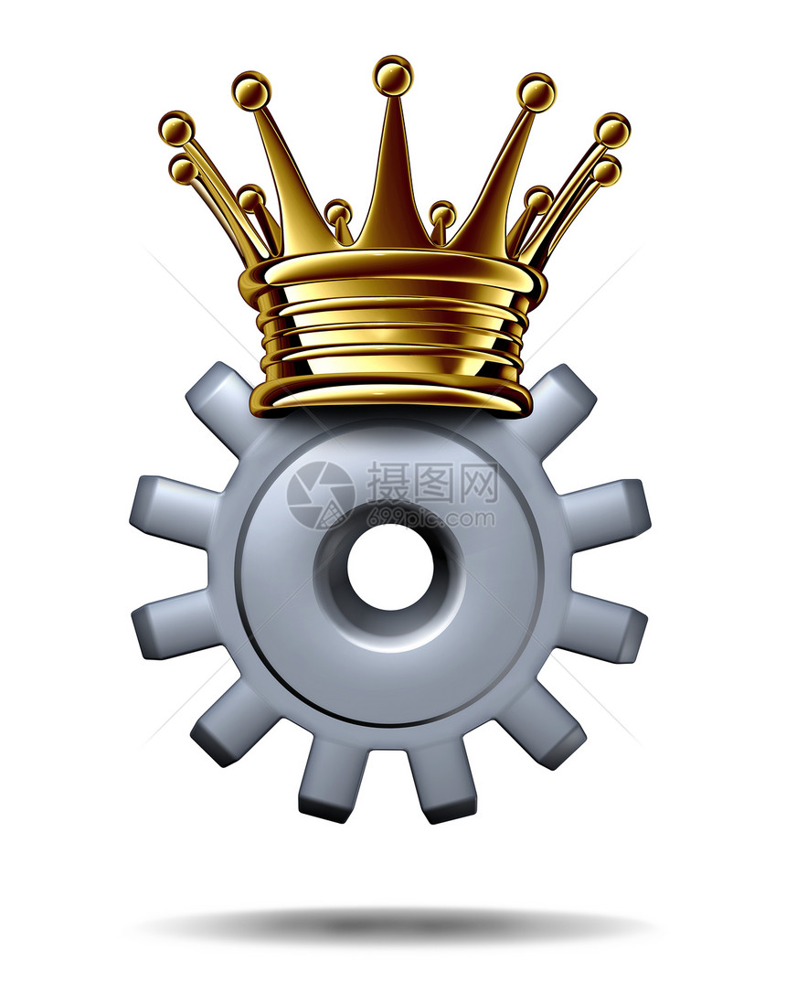 行业国王领导解决方案的商业,个齿轮齿轮戴着个金冠,个成功的技术创新领导者白色背景下的高效生产冠的图标图片