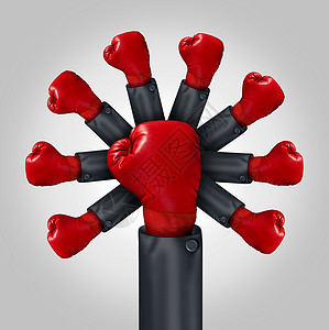 提高竞争力的商业领导理念,个戴着红色拳击手套的商人的手臂手套领导者身上出现,竞争队力量的隐喻背景
